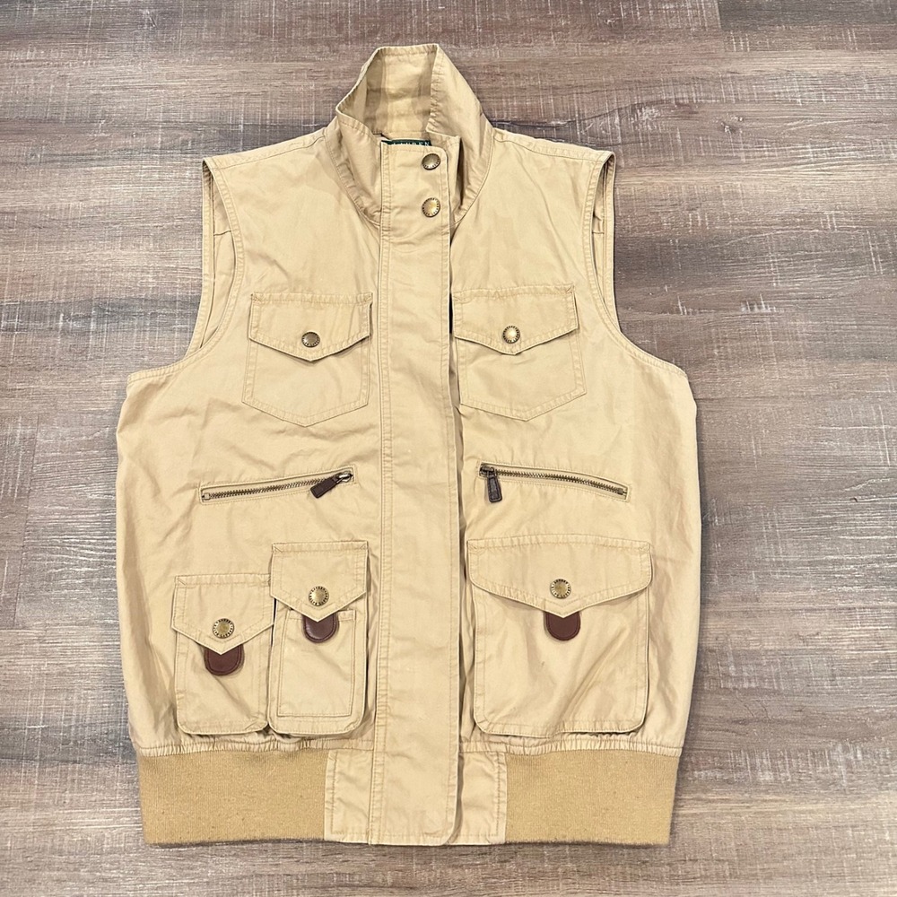 Lauren Ralph Lauren Tan Utility Safari Vest Medium Cotton Gorpcore Cargo Pocket
